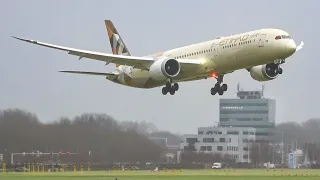 (4K) Etihad 787 GO AROUND and landing during STORM Corrie at Amsterdam airport Schiphol!