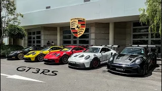 5 Porsche 992 GT3RS leaving pan pacific hotel after a Porsche car meet