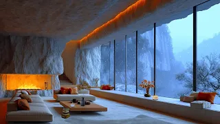 ❄️ Winter Atmosphere Snowfall on the Mountains ~ Luxurious Living Room and Soft Jazz Music for Relax