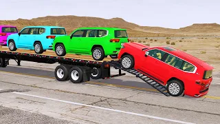 Flatbed Trailer new Toyota Cars Transportation with Truck - Pothole vs Car #006 - BeamNG.Drive