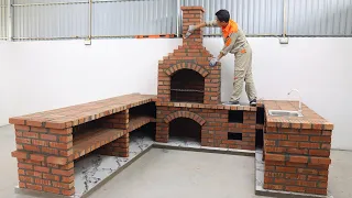 Building Outdoor Multifunction Wood Stove Effective From Red Brick and Cement
