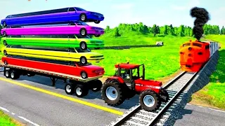 Double flatbed trailer truck Vs Speedbumps - Train vs Case Tractor Transporting - BeamNG.drive #190