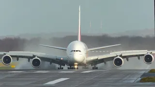 AIRBUS A380 LANDING with CROSSWINDS at Amsterdam Schiphol + AIRBUS A380 DEPARTURE (4K)