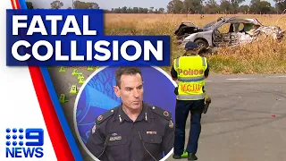 Four men killed and two in hospital after car crashes into ute in Victoria | 9 News Australia