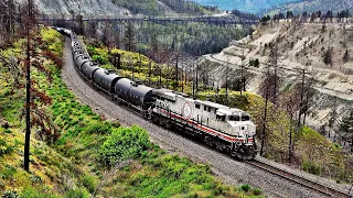 CPKC TRAIN W/ SPECIAL KCS & ROCKY MOUNTAINEER TRAIN IN THE BEAUTIFUL THOMPSON CANYON