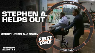 Stephen A. helps Damien Woody get comfy on the First Take set 😄