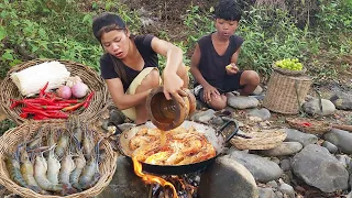 Adventure and Cooking Curry Spicy Lobster with Mushroom for jungle food