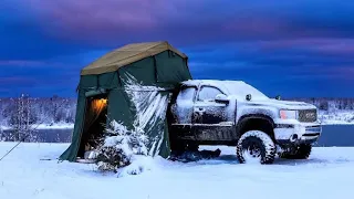 Snow Storm Camping With Rooftop Tent And Diesel Heater #snow #camping #solocamping