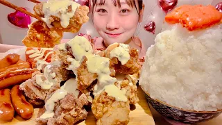 ASMR Fried Chicken Mayo Sausage Mentaiko【Mukbang/ Eating Sounds】【English subtitles】