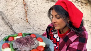 #9 How To Cook A Super Delicious Persian PAN KEBAB On The Sadj On Fire | IRAN Village Life 2023