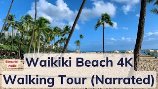 [4K] Waikiki Beach, Honolulu Hawaii - Walking Tour 🎧 Relaxing Ocean Waves Sounds & Narrated