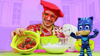 Fresas con crema para los PJ Masks. Cocina para niños recetas fáciles. Vídeos para niños.