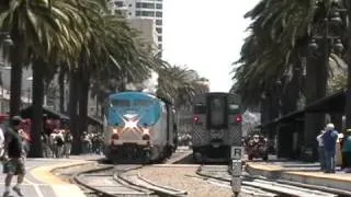 Amtrak P42DC 117 Leads Santa Fe Steam Locomotive 3751 out of San Diego 6/1/08