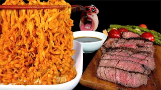 ASMR MUKBANG Beef Tenderloin Steak & "CARBO" Spicy Chicken Noodles EATING SHOW (4K)