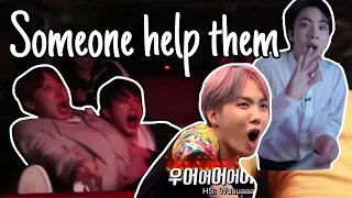 No one is as scared as Jin +Hobi the iconic terrified duo