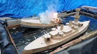 Cardboard Ship On Fire And Sinking Battleship Indiana Versus Battleship Glory