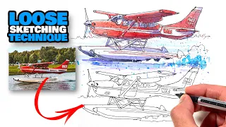 How to sketch a PLANE step-by-step (Loose Ink & Watercolor Sketching)