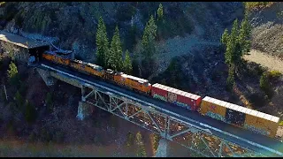 4K: Aerial Chase of a Union Pacific mixed freight train Over Donner Pass & the Snow Shed!