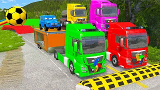 Flatbed Trailer Truck Rescue Bus - Cars vs Deep Water - Cars vs Rails and Trains - BeamNG Drive