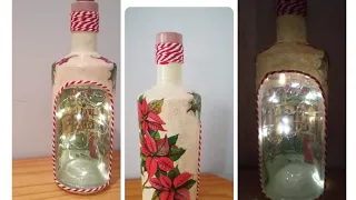 Christmas bottle decoupage painting/ reverse decoupage