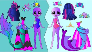 MLP mane 6 as little mermaids vs zombie mermaids- Paper Dolls Easy Craft Glitter Painting