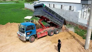 Great Job !! Showing skiller Operator Bulldozer pushing soil Filling Land and Dump truck 5T dumping.