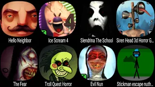 Hello Neighbor, Ice Scream 4, Slendrina The School, Siren Head, Troll Quest Horror, Evil Nun