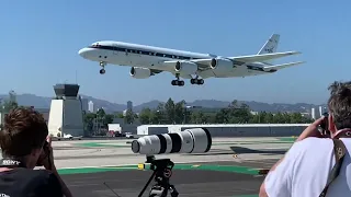 NASA McDonald Douglas DC 8 4 engine jet does a touch and go at runway 21 Santa Monica airport KSMO