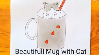 Pencil Drawing Easy Ideas for beginners, Cute Cat  and Mug Drawing ,Drawing Tutorial
