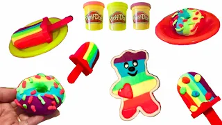 How to Make Play Doh Rainbow Ice Cream Popsicles, Rainbow Donut, Cake and Dessert | Easy DIY art