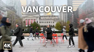 【4K】Downtown Vancouver Walk in cold foggy day | BC Canada (Binaural City Sounds)