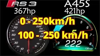 0 -250 Km/h Audi RS3 367 HP vs Mercedes A45s 421 HP Acceleration Top Speed