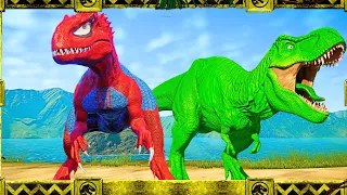 Epic Showdown: Captain America vs. Spiderman I-Rex, Joined by Joker as Colorful T-Rex Brawl Unfolds!
