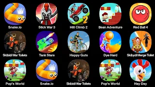 Hay Day,Happy Guts,Snake io,Skibidi War Toilets,Hill Climb 2,Tank Stars,Dye Hard,Pop's World