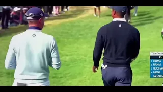 Tiger Woods hands Justin Thomas a tampon after out driving him at the 2023 Genesis