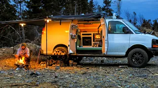 Camping In Rain With Camper Van And Wood Stove