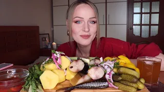 MUKBANG | Скумбрия с овощами, квас | Mackerel with vegetables, kvass не ASMR