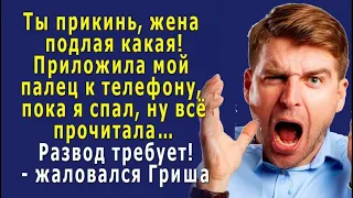 - Жена подлюка! Пока я спал, приложила мой палец к телефону, ну и прочитала всё… - жаловался Гриша