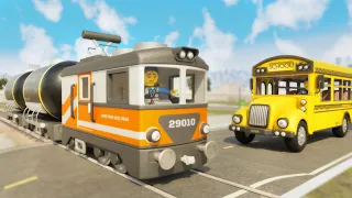 Lego School Bus Cartoon - Train Rescue - Choo choo train kids videos