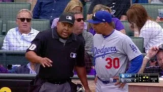 LAD@COL: Dodgers awarded DP after call overturned