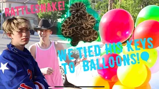 WE TIED HIS KEYS TO BALLOONS!! ALSO WE FOUND A RATTLESNAKE! | Cash & Maverick