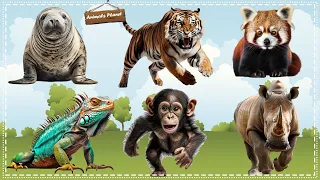 Bustling animal world sounds around us: Walrus, Tiger, Red Panda, Chameleon, Monkey, Rhinoceros