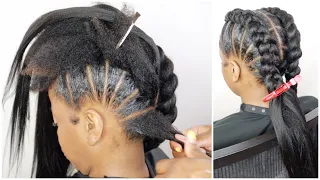 😱 Can’t stitch and feed-in braid? Try this! No crochet, TWO EASY BRAIDS, Thick natural hair No heat!