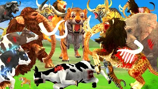 10 Giant Lion Elephant vs 10 Zombie Tiger Bull vs 10 Zombie Cow Fight Woolly Mammoth Save Tiger Cub