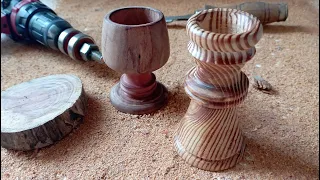 Torneado de Copa y Candelabro de madera con taladro, o mini torno casero.