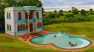 Build The Most Pretty Two Story Mud Villa House & Unique Swimming Pool In Forest By Ancient Skills