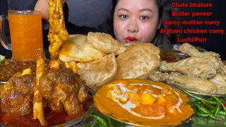 SPICY MUTTON CURRY, AFGHANI CHICKEN CURRY, BUTTER PANEER, CHOLE BHATURE & LUCHI MUKBANG | BIG BITES