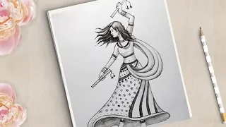 How to draw a Traditional Girl with Dandiya Dance Easy || Navratri Special drawing || Girl drawing