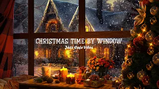 Christmas Time By Window 🎄 Cozy Coffee Shop Ambience and Relax Jazz Piano Music 🎀 Snowfall on Window