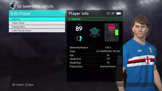 PES 2018 UC Sampdoria 1991/92 Classic Legends Stats